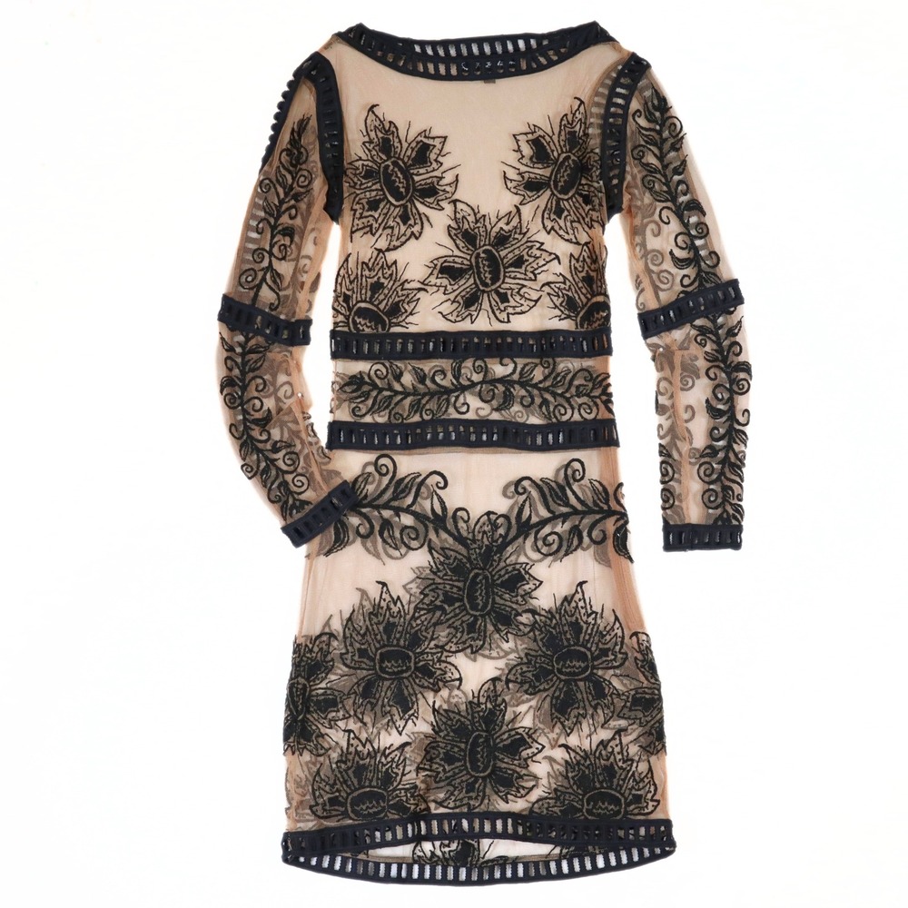 For Love & Lemons Mini Dress Women XS Nude Black Embroidered Mesh Cocktail Party